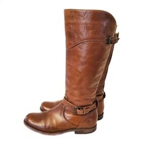Frye Phillip Riding Boots Cognac Leather Side Zip Buckle Women US 7.5